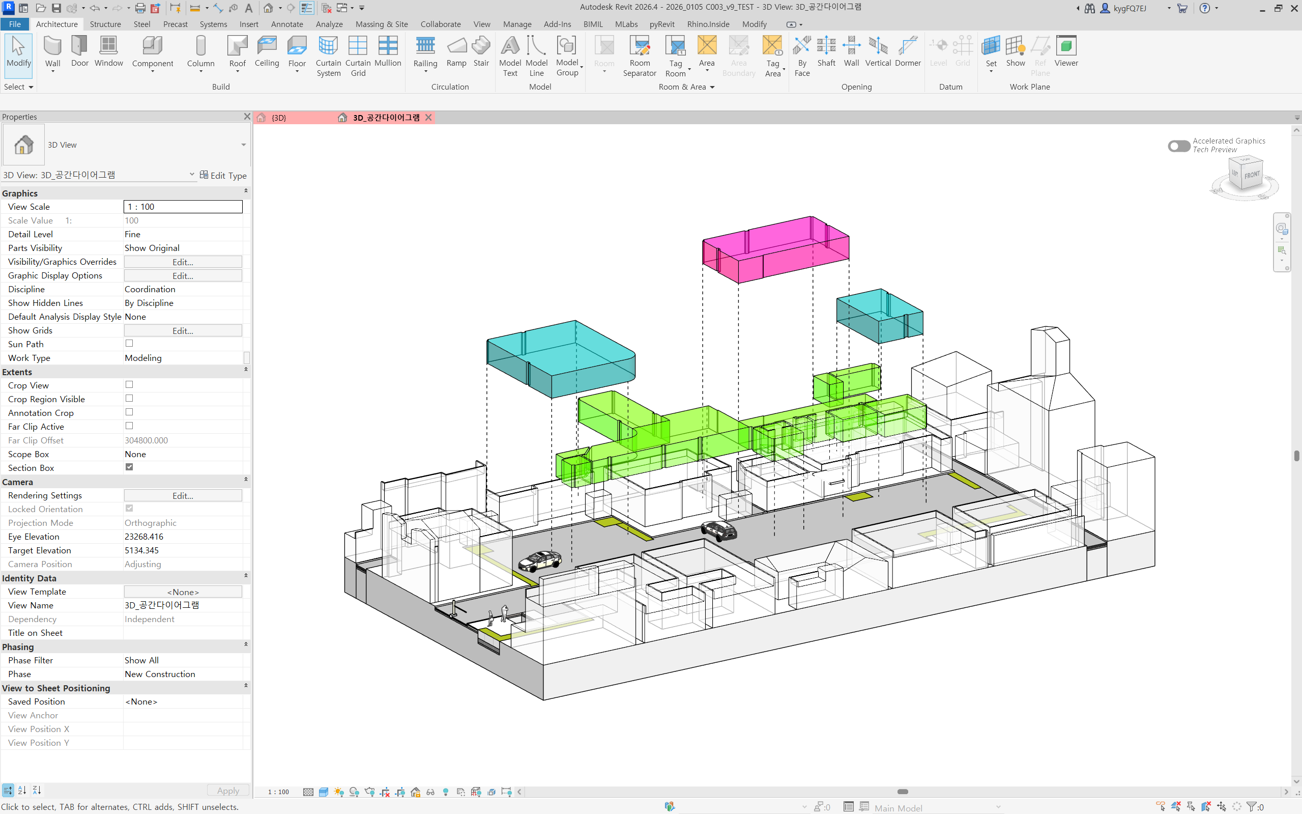 revit, 3d view, converting room to mass, and then coloring